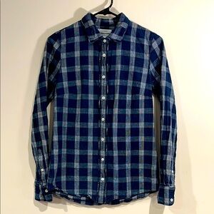 J.CREW Boy Fit Women’s 2 Navy White Plaid Long Sleeve Button Down Shirt Cotton